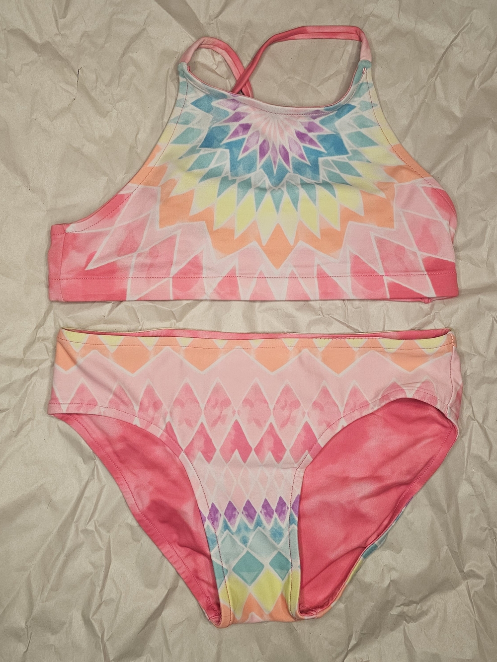 Justice Pink Rainbow Geometric Two-Piece Swimsuit